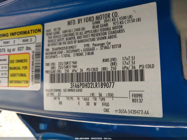 Aukcja sprzedaży 2020 Ford Fusion Se, vin: 3FA6P0HD2LR189077, numer aukcji: 46034698