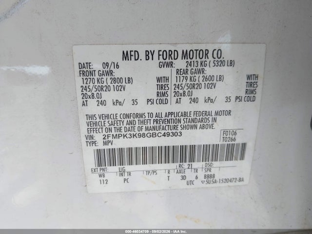 2016 Ford Edge Titanium მანქანა იყიდება აუქციონზე, vin: 2FMPK3K98GBC49303, აუქციონის ნომერი: 46034709