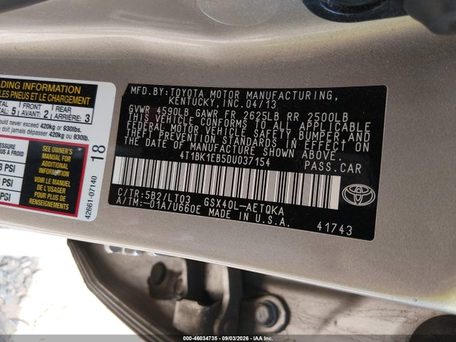 2013 Toyota Avalon Xle Touring მანქანა იყიდება აუქციონზე, vin: 4T1BK1EB5DU037154, აუქციონის ნომერი: 46034735