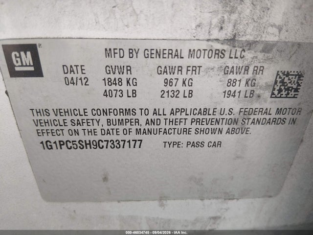 Aukcja sprzedaży 2012 Chevrolet Cruze Ls, vin: 1G1PC5SH9C7337177, numer aukcji: 46034745