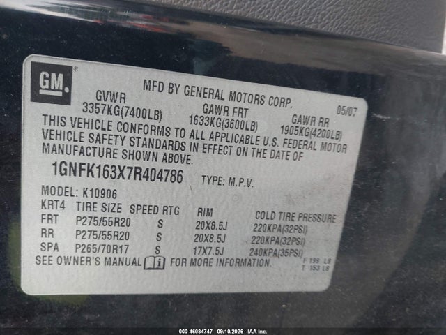 2007 Chevrolet Suburban 1500 Ltz მანქანა იყიდება აუქციონზე, vin: 1GNFK163X7R404786, აუქციონის ნომერი: 46034747