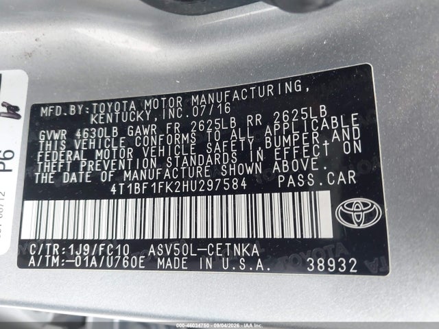 Aukcja sprzedaży 2017 Toyota Camry Le, vin: 4T1BF1FK2HU297584, numer aukcji: 46034750