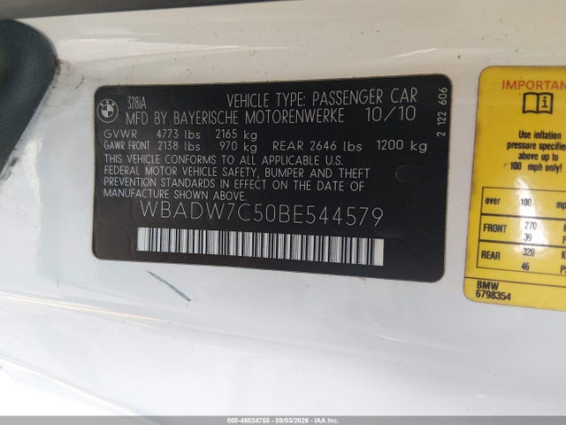 Aukcja sprzedaży 2011 Bmw 328i, vin: WBADW7C50BE544579, numer aukcji: 46034755