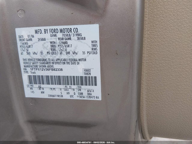 46034761 :رقم المزاد ، 1FTPX12V36FB82338 vin ، 2006 Ford F-150 Lariat/xl/xlt مزاد بيع