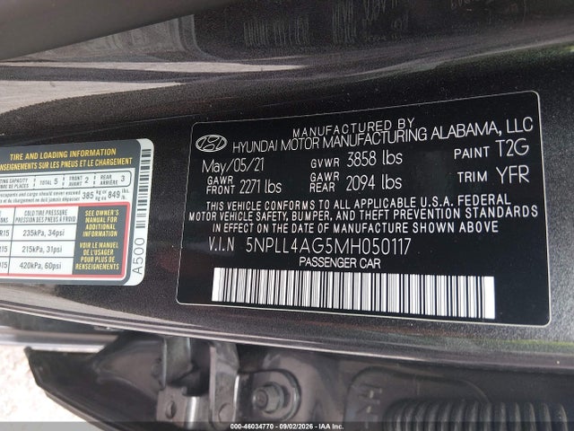 Aukcja sprzedaży 2021 Hyundai Elantra Se, vin: 5NPLL4AG5MH050117, numer aukcji: 46034770