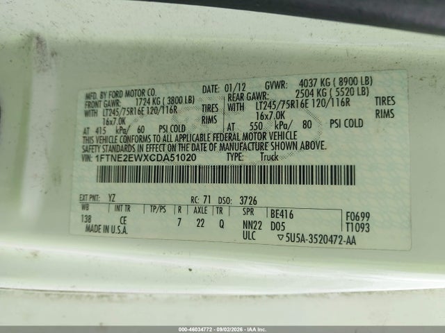 46034772 :رقم المزاد ، 1FTNE2EWXCDA51020 vin ، 2012 Ford E-250 Commercial مزاد بيع