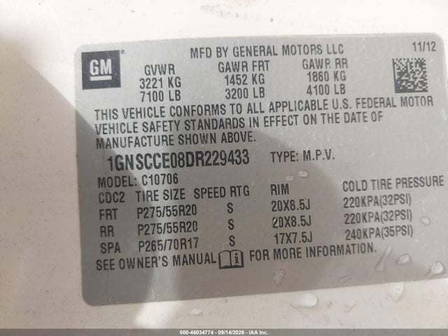Aukcja sprzedaży 2013 Chevrolet Tahoe Ltz, vin: 1GNSCCE08DR229433, numer aukcji: 46034774