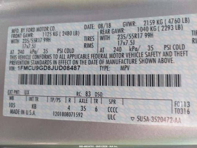Aukcja sprzedaży 2018 Ford Escape Se, vin: 1FMCU9GD8JUD08487, numer aukcji: 46034781