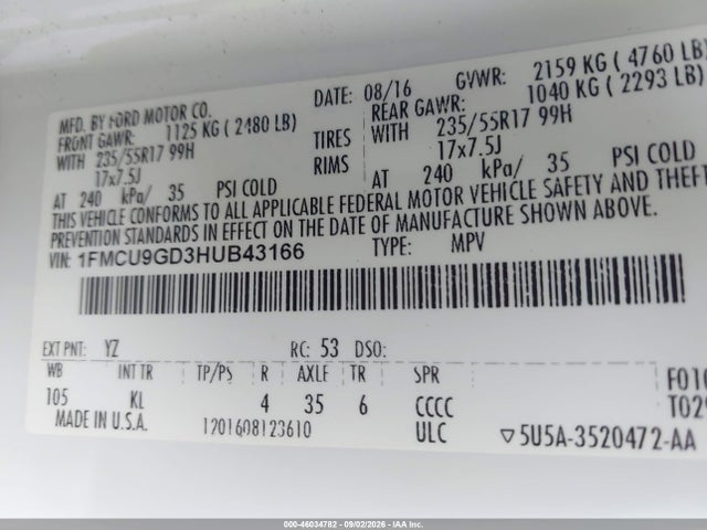 46034782 :رقم المزاد ، 1FMCU9GD3HUB43166 vin ، 2017 Ford Escape Se مزاد بيع