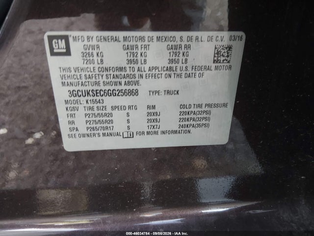 2016 Chevrolet Silverado 1500 Ltz მანქანა იყიდება აუქციონზე, vin: 3GCUKSEC6GG256868, აუქციონის ნომერი: 46034784
