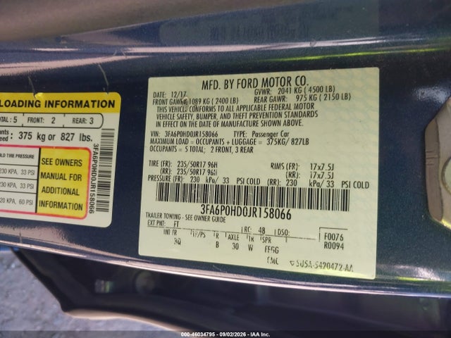 2018 Ford Fusion Se მანქანა იყიდება აუქციონზე, vin: 3FA6P0HD0JR158066, აუქციონის ნომერი: 46034795