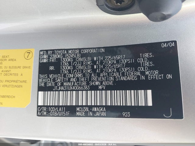 Aukcja sprzedaży 2004 Lexus Rx 330, vin: JTJHA31UX40066383, numer aukcji: 46034802