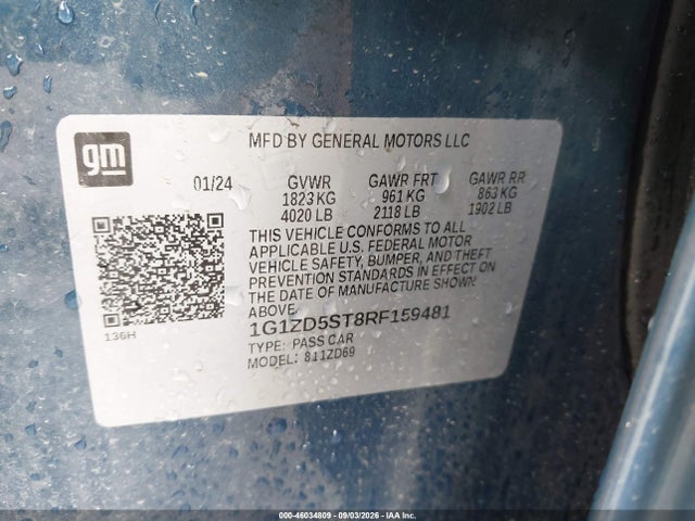 Aukcja sprzedaży 2024 Chevrolet Malibu Fwd 1lt, vin: 1G1ZD5ST8RF159481, numer aukcji: 46034809