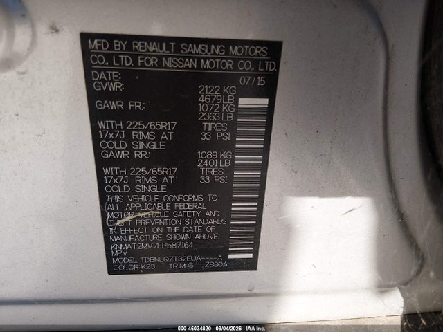 2015 Nissan Rogue Sv მანქანა იყიდება აუქციონზე, vin: KNMAT2MV7FP587164, აუქციონის ნომერი: 46034820