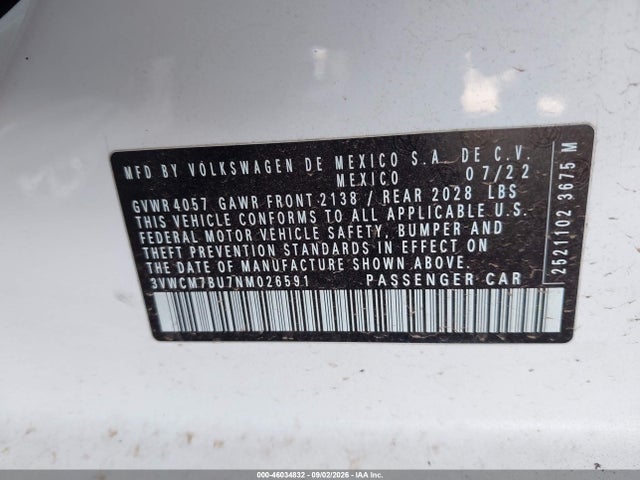 Aukcja sprzedaży 2022 Volkswagen Jetta 1.5t S, vin: 3VWCM7BU7NM026591, numer aukcji: 46034832
