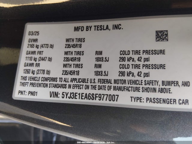 5YJ3E1EA6SF977007 Tesla Model 3 Long Range Rear-wheel Drive/standard Rear-wheel Drive