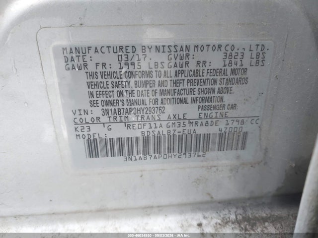 46034850 :رقم المزاد ، 3N1AB7AP0HY293762 vin ، 2017 Nissan Sentra S مزاد بيع