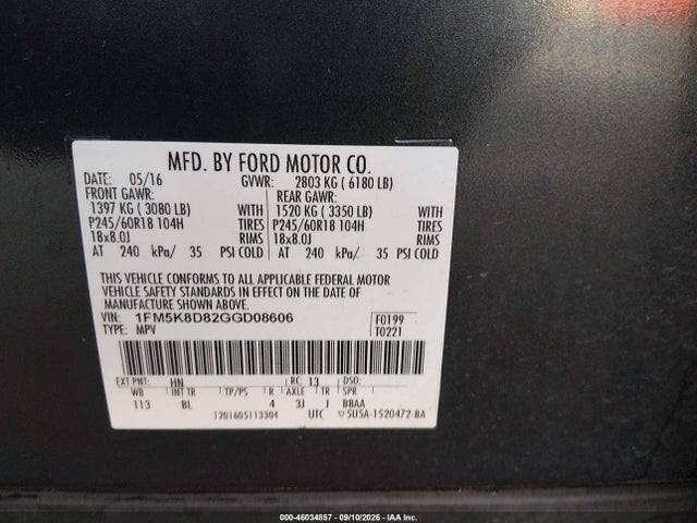 46034857 :رقم المزاد ، 1FM5K8D82GGD08606 vin ، 2016 Ford Explorer Xlt مزاد بيع