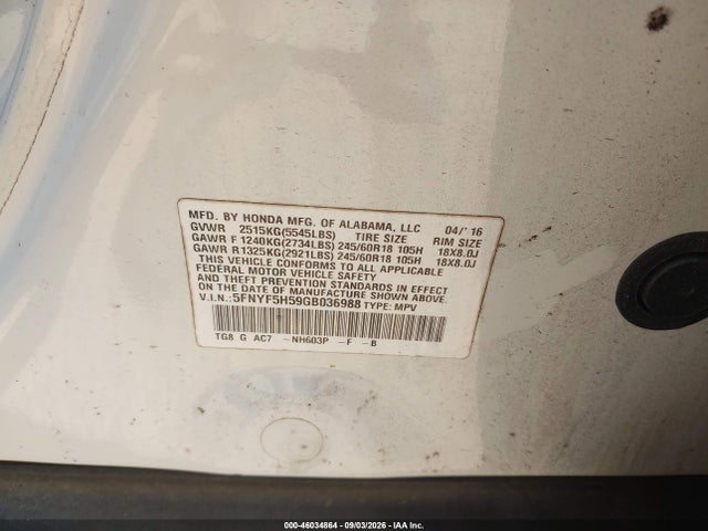 2016 Honda Pilot Ex-l მანქანა იყიდება აუქციონზე, vin: 5FNYF5H59GB036988, აუქციონის ნომერი: 46034864