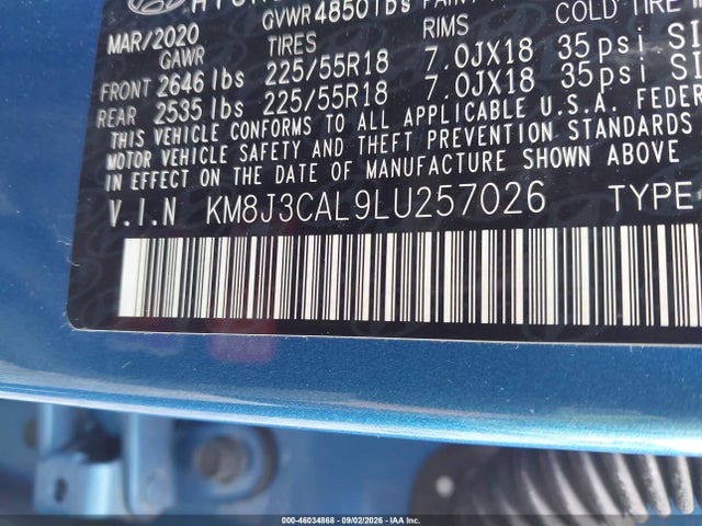 46034868 :رقم المزاد ، KM8J3CAL9LU257026 vin ، 2020 Hyundai Tucson Ultimate مزاد بيع