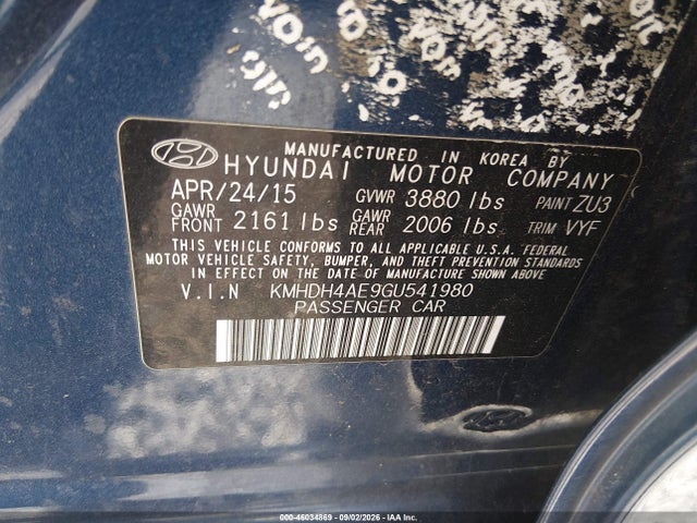 Aukcja sprzedaży 2016 Hyundai Elantra Se, vin: KMHDH4AE9GU541980, numer aukcji: 46034869