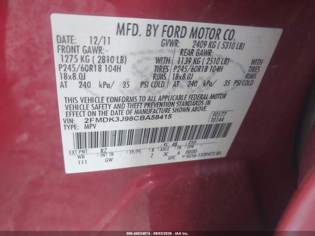 2012 Ford Edge Sel მანქანა იყიდება აუქციონზე, vin: 2FMDK3J98CBA58415, აუქციონის ნომერი: 46034874