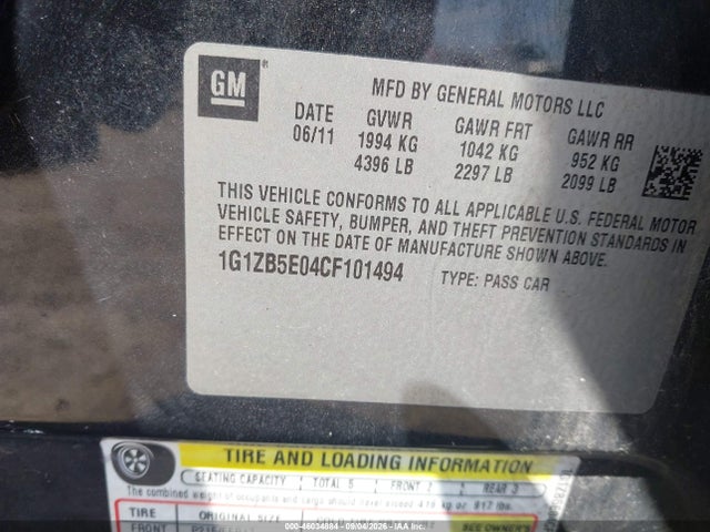 46034884 :رقم المزاد ، 1G1ZB5E04CF101494 vin ، 2012 Chevrolet Malibu Ls مزاد بيع