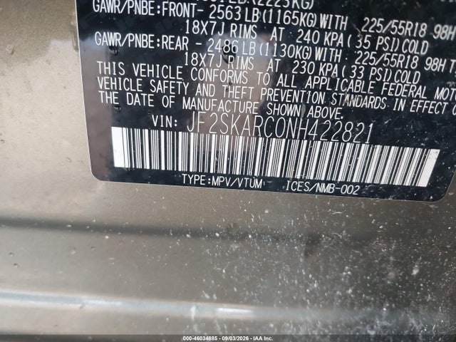 46034885 :رقم المزاد ، JF2SKARC0NH422821 vin ، 2022 Subaru Forester Touring مزاد بيع