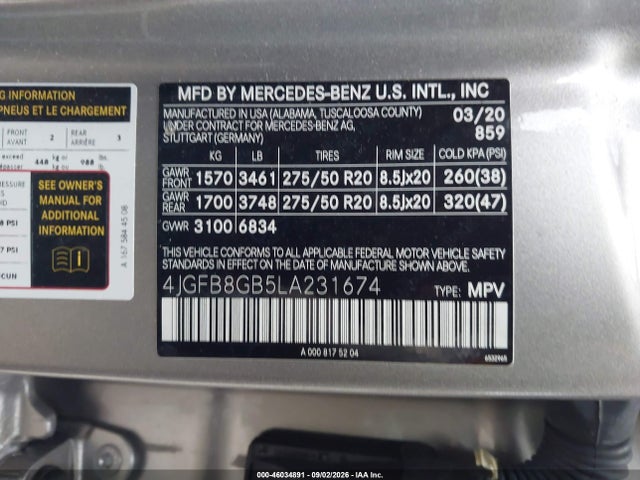 46034891 :رقم المزاد ، 4JGFB8GB5LA231674 vin ، 2020 Mercedes-benz Gle 580 4matic مزاد بيع