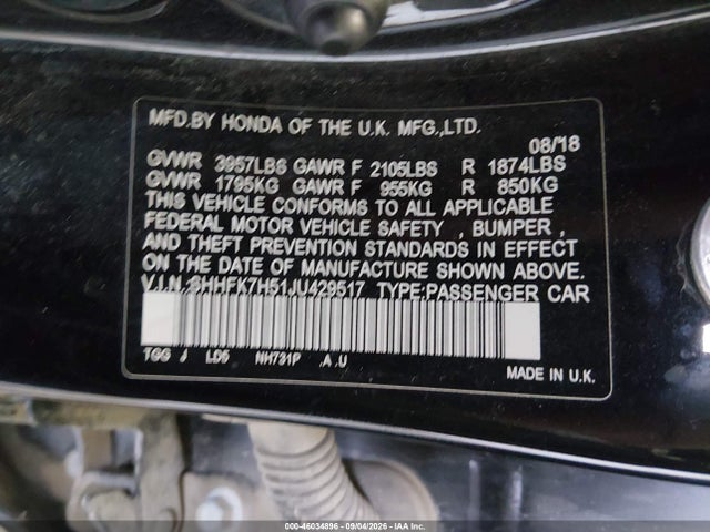 Honda CIVIC EX 2018 SHHFK7H51JU429517 Image 9