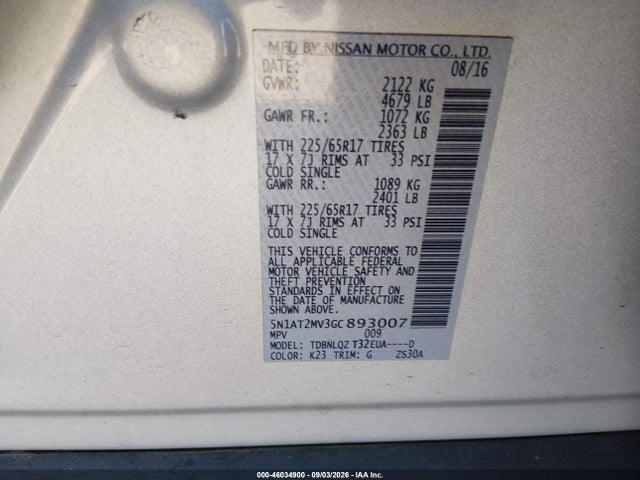 Aukcja sprzedaży 2016 Nissan Rogue Sv, vin: 5N1AT2MV3GC893007, numer aukcji: 46034900