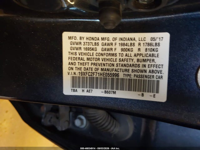 2017 Honda Civic Ex მანქანა იყიდება აუქციონზე, vin: 19XFC2F71HE055996, აუქციონის ნომერი: 46034914