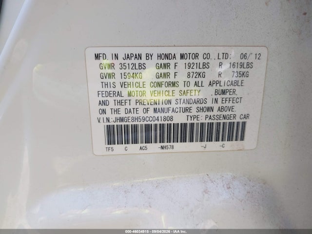 Aukcja sprzedaży 2012 Honda Fit Sport, vin: JHMGE8H59CC041808, numer aukcji: 46034915