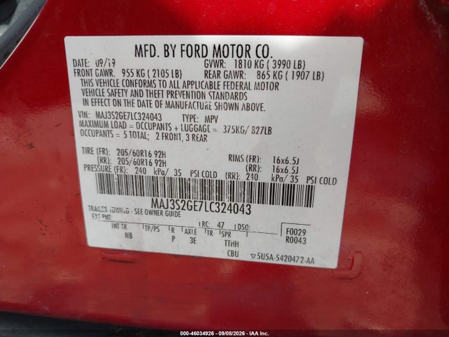 Aukcja sprzedaży 2020 Ford Ecosport Se, vin: MAJ3S2GE7LC324043, numer aukcji: 46034926