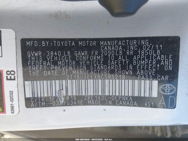 Aukcja sprzedaży 2011 Toyota Corolla Le, vin: 2T1BU4EEXBC585218, numer aukcji: 46034940