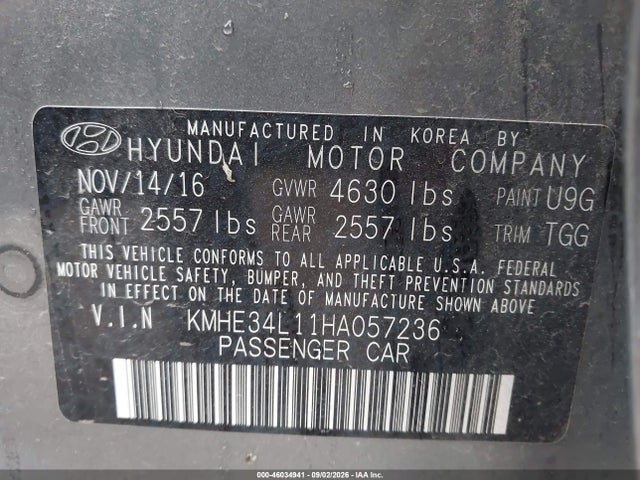 Aukcja sprzedaży 2017 Hyundai Sonata Hybrid Limited, vin: KMHE34L11HA057236, numer aukcji: 46034941