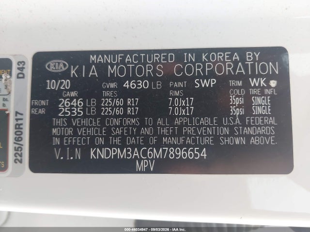 KNDPM3AC6M7896654 KIA Sportage Lx