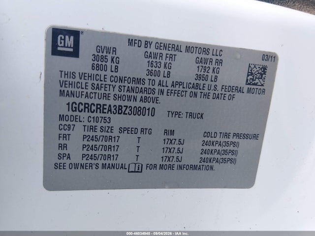 2011 Chevrolet Silverado 1500 Ls მანქანა იყიდება აუქციონზე, vin: 1GCRCREA3BZ308010, აუქციონის ნომერი: 46034948