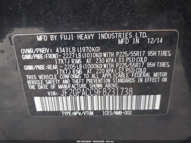 46034954 :رقم المزاد ، JF2GPACC9F8231738 vin ، 2015 Subaru Xv Crosstrek 2.0i Premium مزاد بيع