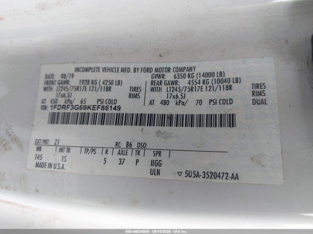 Продажа на аукционе авто 2019 Ford F-350 Chassis Xl, vin: 1FDRF3G69KEF86149, номер лота: 46034958