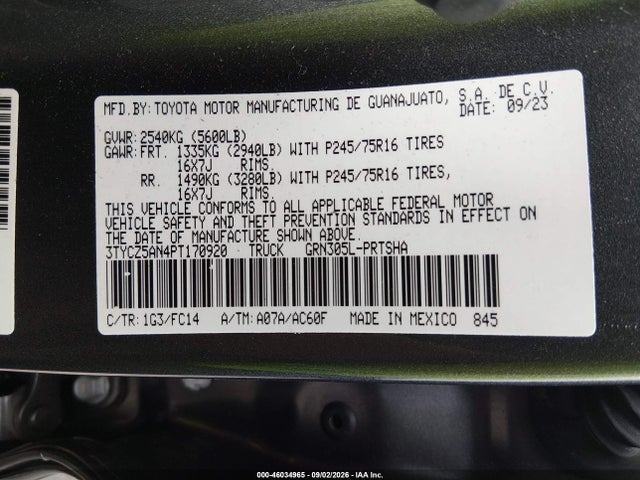 46034965 :رقم المزاد ، 3TYCZ5AN4PT170920 vin ، 2023 Toyota Tacoma Sr5 V6 مزاد بيع