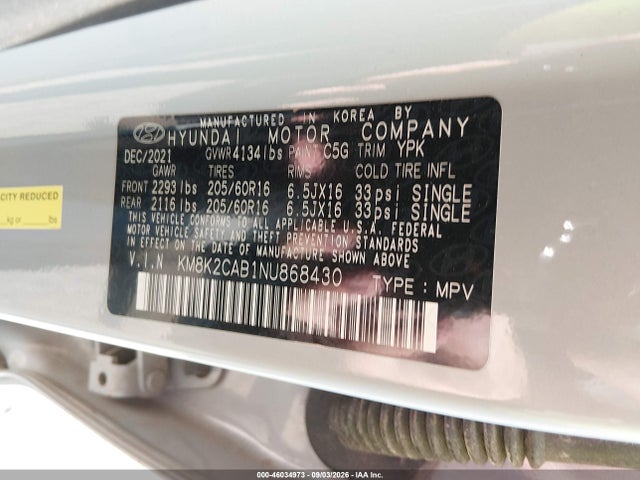 Auction sale of the 2022 Hyundai Kona Se, vin: KM8K2CAB1NU868430, lot number: 46034973