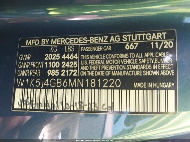 Продажа на аукционе авто 2021 Mercedes-benz Cla 250, vin: W1K5J4GB6MN181220, номер лота: 46034985
