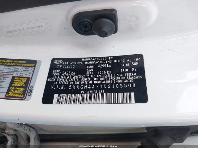 Продажа на аукционе авто 2013 Kia Optima Ex, vin: 5XXGN4A71DG105508, номер лота: 46034995