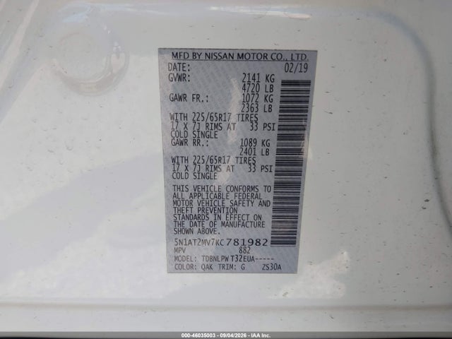 46035003 :رقم المزاد ، 5N1AT2MV7KC781982 vin ، 2019 Nissan Rogue S مزاد بيع
