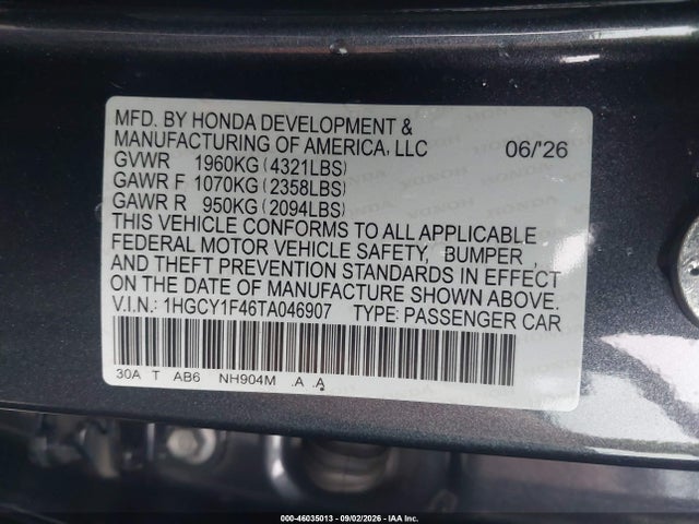 2026 Honda Accord Se მანქანა იყიდება აუქციონზე, vin: 1HGCY1F46TA046907, აუქციონის ნომერი: 46035013