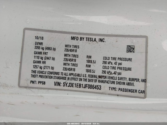 Tesla Model 3 Long Range/performance 2018 5YJ3E1EB1JF086453 Image 9