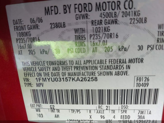 Продажа на аукционе авто 2007 Ford Escape Xlt/xlt Sport, vin: 1FMYU03157KA26258, номер лота: 46035060
