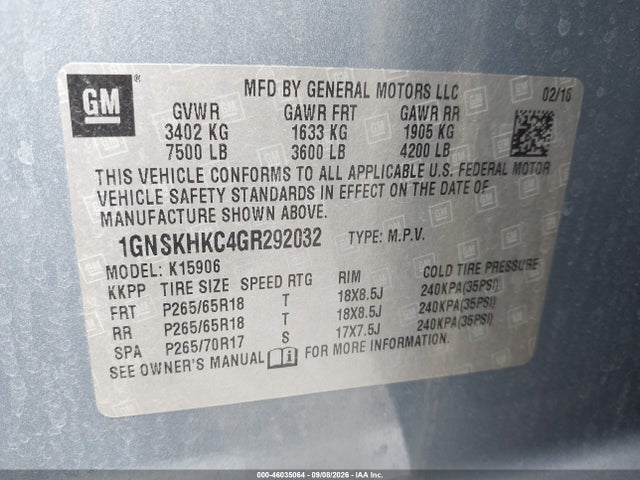 Aukcja sprzedaży 2016 Chevrolet Suburban Lt, vin: 1GNSKHKC4GR292032, numer aukcji: 46035064