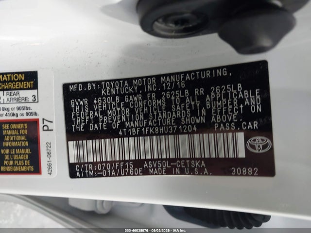 Aukcja sprzedaży 2017 Toyota Camry Se, vin: 4T1BF1FK8HU371204, numer aukcji: 46035076
